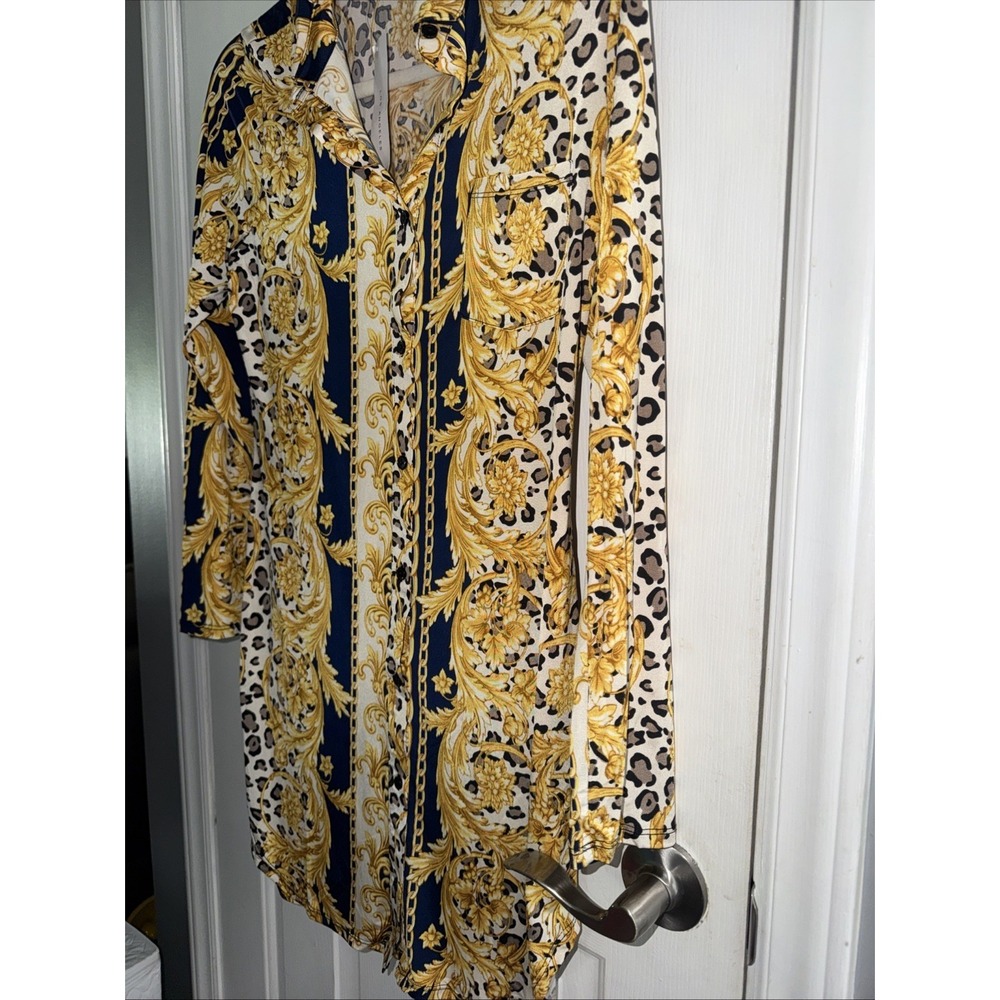 Timing Los Angeles Women's Large Baroque Leopard Print Shirt Dress Gold Black - Picture 4 of 13
